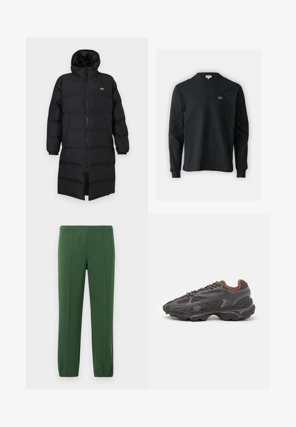 Melna pūkaina jaka ar kapuci, kas aprīkota ar pilnu rāvējslēdzēju, garām piedurknēm un ceļgala garuma dizainu. Mīksta, quiltēta tekstūra ar logotipa detaļu.; Melna garām piedurknēm t-krekls, izgatavots no kokvilnas, ar apaļu kakla izgriezumu un mazu zaļu izšūtu krokodila logo kreisajā krūtī.; Zaļi sporta bikses, kas izgatavotas no mīksta auduma; ar elastīgu jostasvietu, sašaurinātām kājām un nelielu logotipu sānos.; Lacoste kedas tumši pelēkā krāsā ar acu audumu un sintētisko materiālu, ar teksturētu zoli un brūniem akcentiem apkaklītē un zīmola uzrakstā.