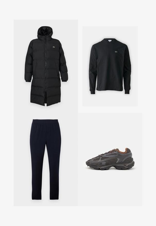 Mustahomeinen musta untuvatakki hupulla, jossa on täysipitkä vetoketju, pitkät hihat ja polvenpituinen malli. Pehmeä, tikkikuvioitu pinta logotiedolla.; Musta pitkähiha t-paita, joka on valmistettu puuvillasta. Paita on varustettu pyöreällä kaula-aukolla ja vasemmassa rinnassa on pieni vihreä brodeerattu krokotiililogo.; Tummansiniset housut, jotka on valmistettu pehmeästä kankaasta. Niissä on joustava vyötärönauha, slim fit -malli ja suora lahje, ilman taskuja tai koristeita.; Lacoste-tennar i mörkgrått med nät- och syntetmaterial, med en texturerad sula och bruna accenter på kragen och märket.