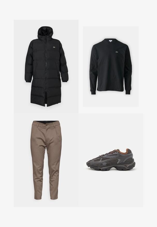 Schwarze Daunenjacke mit Kapuze, ausgestattet mit einem vollen Reißverschluss, langen Ärmeln und einem knielangen Schnitt. Weiche, gesteppten Textur mit Logodetail.; Schwarzes Langarm-T-Shirt aus Baumwolle, mit Rundhalsausschnitt und einem kleinen grünen, gestickten Krokodil-Logo auf der linken Brust.; Braune, maßgeschneiderte Hose mit glatter Textur, ausgestattet mit einem Frontknopfverschluss, Gürtelschlaufen und zwei seitlichen Taschen.; Lacoste Sneaker in Dunkelgrau aus Mesh und Synthetikmaterial, mit einer strukturierten Sohle und braunen Akzenten am Kragen und Logo.