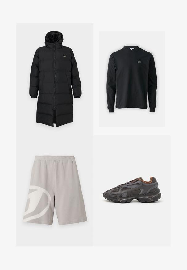Zwarte pufferjas met een kap, voorzien van een volledige ritssluiting, lange mouwen en een lengte tot de knie. Zachte, gewatteerde textuur met logo-detail.; Zwarte longsleeve t-shirt van katoen, met een ronde halslijn en een klein groen geborduurd krokodillenlogo op de linkerborst.; Lichtgrijze casual shorts met elastische tailleband en groot wit abstract design op het linkerbeen, weergegeven tegen een witte achtergrond.; Lacoste sneakers in donkergrijs van mesh en synthetisch materiaal, met een gestructureerde zool en bruine accenten op de kraag en branding.