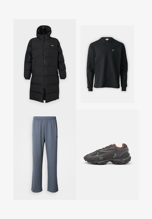 Juodas pūkinis paltas su kapišonu, su pilnu užtrauktuku, ilgomis rankovėmis ir iki kelių ilgio. Minkšta, siuvinėta tekstūra su logotipo detale.; Juodas ilgomis rankovėmis marškinėliai iš medvilnės, turintys apvalią iškirptę ir mažą žalią išsiuvinėtą krokodilo logotipą kairėje krūtinės pusėje.; Pilkos sportinės kelnės su elastinga juosmeniu, šoninėmis kišenėmis ir laisvu siluetu. Pagamintos iš minkštos medžiagos su lygiu paviršiumi ir be akivaizdžių raštų.; Lacoste sportbačiai tamsiai pilki, pagaminti iš tinklinės ir sintetinių medžiagų, su tekstūruotu padu ir rudomis detalėmis ant apykaklės bei prekės ženklo.