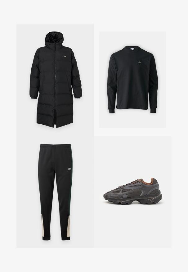 Casaco puffer preto com capuz, apresentando um fecho de correr completo, mangas longas e um design até ao joelho. Textura suave e acolchoada com detalhe do logotipo.; Camisola preta de manga longa feita de algodão, com decote redondo e um pequeno logótipo de crocodilo bordado em verde no lado esquerdo do peito.; Calças de treino pretas com riscas verdes nas laterais e acabamentos beiges nos punhos. Cintura elástica e logo da Lacoste na parte da frente. Textura suave.; Ténis Lacoste em cinza-escuro com material em malha e sintético, apresentando uma sola texturizada e detalhes castanhos na gola e na marca.