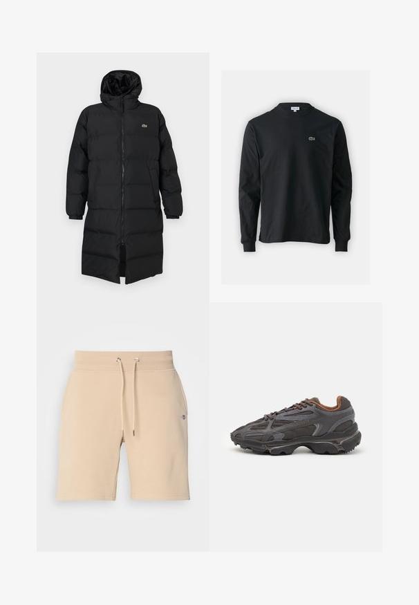 Black puffer coat with a hood, featuring a full zipper, long sleeves, and a knee-length design. Soft, quilted texture with logo detail.; Black long-sleeve t-shirt made of cotton, featuring a round neckline and a small green embroidered crocodile logo on the left chest.; Beige cotton shorts with an elastic waistband, adjustable drawstring, and side pockets. Features a small logo on the left thigh.; Lacoste sneakers in dark gray with mesh and synthetic material, featuring a textured sole and brown accents on the collar and branding.