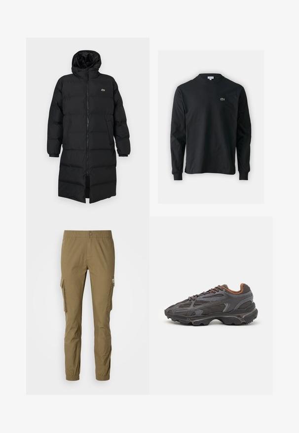 Fekete, kapucnis puffertakó, teljes cipzárral, hosszú ujjakkal és térd hosszig érő fazonnal. Puha, steppelt textúra logó részlettel.; Fekete hosszú ujjú pamut póló, kerek nyakkivágással, bal mellen egy kis zöld hímzett krokodil logóval.; Olajzöld cargo nadrág, rugalmas derékrésszel, oldalsó zsebekkel és szűkített lábakkal, rugalmas mandzsettákkal. Tartós anyagból készült.; Sötét szürke Lacoste sportcipők hálós és szintetikus anyagból, textúrázott talppal és barna díszítésekkel a nyak részen és a logón.
