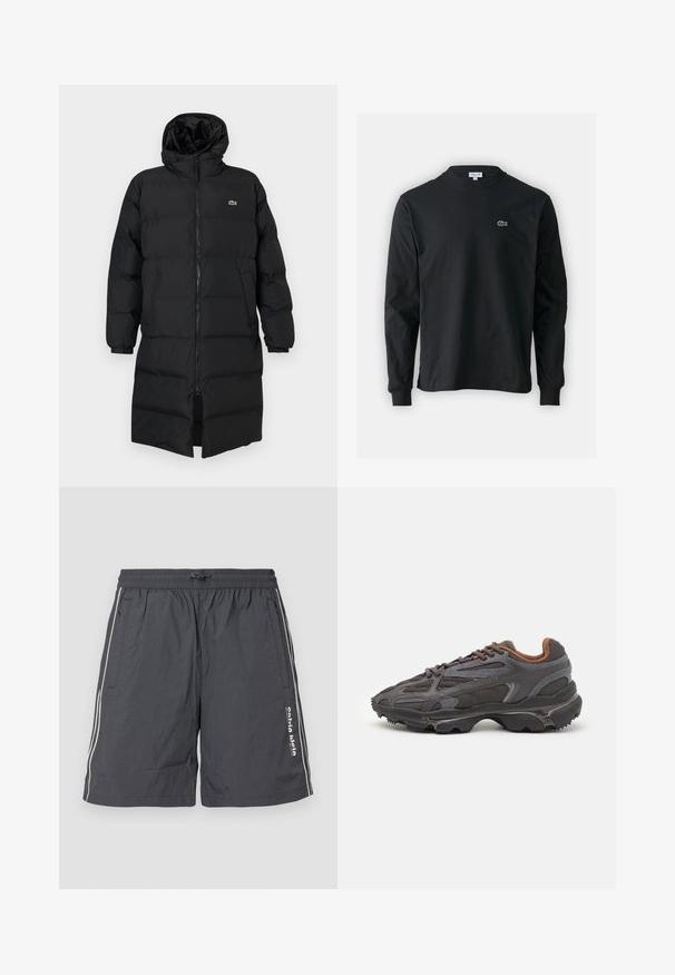 Čierna prešívaná bunda s kapucňou, vybavená plným zipsom, dlhými rukávmi a dĺžkou po kolená. Mäkká, prešívaná textúra s detailom loga.; Čierne tričko s dlhým rukávom vyrobené z bavlny, s okrúhlym výstrihom a malým zeleným vyšívaným logom krokodíla na ľavej hrudi.; Sivé, ľahké šortky s elastickým pásom a šnúrkou. Obsahujú biele bočné pruhy a detail loga na ľavom stehne.; Lacoste tenisky v tmavo sivej farbe z nylonu a syntetického materiálu, s textúrovanou podrážkou a hnedými akcentami na golieri a brandingu.