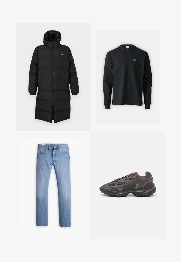Piumino nero con cappuccio, caratterizzato da una zip completa, maniche lunghe e un design fino al ginocchio. Texture morbida e trapuntata con dettaglio del logo.; T-shirt a maniche lunghe nera in cotone, con scollatura rotonda e un piccolo logo di coccodrillo ricamato in verde sul lato sinistro del petto.; Levi's® 501 ORIGINAL - Jeans a sigaretta - smooth cruise cool; Sneaker Lacoste grigie scure in materiale mesh e sintetico, con suola testurizzata e dettagli marroni sul colletto e sul branding.