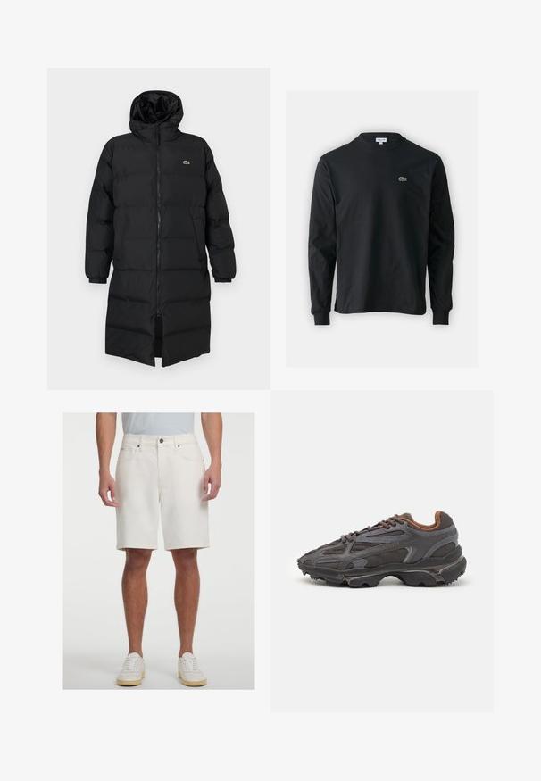 Schwarze Daunenjacke mit Kapuze, ausgestattet mit einem vollen Reißverschluss, langen Ärmeln und einem knielangen Schnitt. Weiche, gesteppten Textur mit Logodetail.; Schwarzes Langarm-T-Shirt aus Baumwolle, mit Rundhalsausschnitt und einem kleinen grünen, gestickten Krokodil-Logo auf der linken Brust.; Weiße Jeansshorts mit geradem Schnitt, fünf Taschen und einer vorderen Knopfleiste. Glatte Textur und knielanger Schnitt.; Lacoste Sneaker in Dunkelgrau aus Mesh und Synthetikmaterial, mit einer strukturierten Sohle und braunen Akzenten am Kragen und Logo.