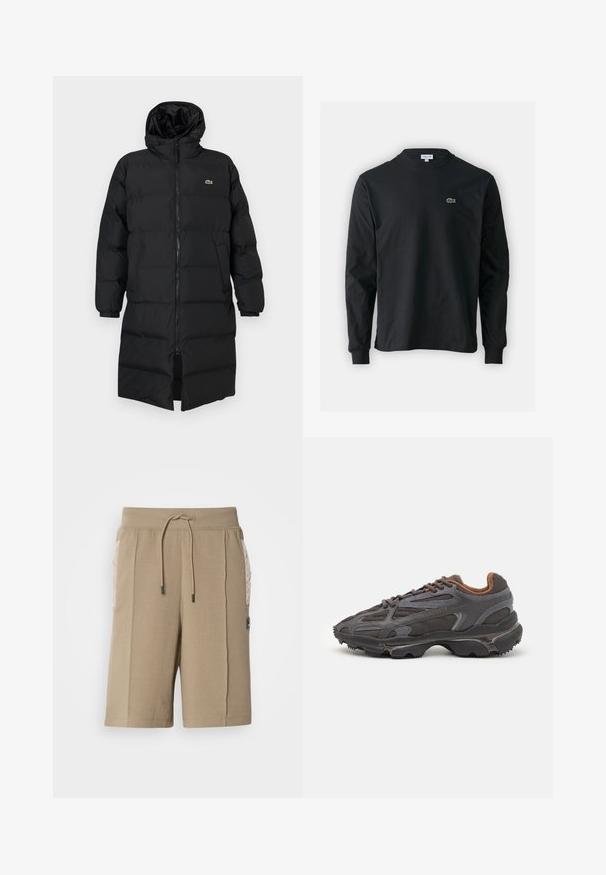 Black puffer coat with a hood, featuring a full zipper, long sleeves, and a knee-length design. Soft, quilted texture with logo detail.; Black long-sleeve t-shirt made of cotton, featuring a round neckline and a small green embroidered crocodile logo on the left chest.; Beige cotton shorts with an elastic waistband and drawstring. Features quilted side pockets and a logo patch on the front.; Lacoste sneakers in dark gray with mesh and synthetic material, featuring a textured sole and brown accents on the collar and branding.