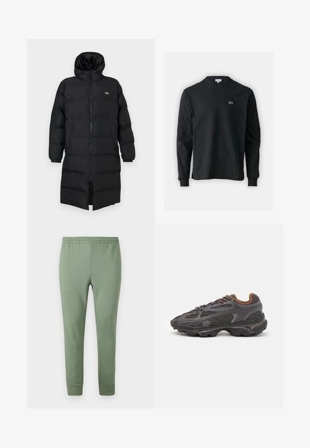 Melna pūkaina jaka ar kapuci, kas aprīkota ar pilnu rāvējslēdzēju, garām piedurknēm un ceļgala garuma dizainu. Mīksta, quiltēta tekstūra ar logotipa detaļu.; Melna garām piedurknēm t-krekls, izgatavots no kokvilnas, ar apaļu kakla izgriezumu un mazu zaļu izšūtu krokodila logo kreisajā krūtī.; Gai zaļi sporta bikses, izgatavotas no mīkstas audiem, ar elastīgu jostu, sašaurinātām kājām un ribotām aprocēm pie potītēm.; Lacoste kedas tumši pelēkā krāsā ar acu audumu un sintētisko materiālu, ar teksturētu zoli un brūniem akcentiem apkaklītē un zīmola uzrakstā.