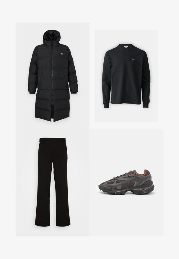 Svart dunjakke med hette, med hel glidelås, lange ermer og knelengde. Myk, quiltet tekstur med logodetalj.; Svart langermet T-skjorte laget av bomull, med rund hals og en liten grønn brodert krokodillelogo på venstre bryst.; Svarte vidde bukser laget av bomull med en glatt tekstur. Har flat front og standard midje uten synlig maskinvare.; Lacoste-sneakers i mørkegrått med mesh- og syntetisk materiale, med en teksturert såle og brune detaljer på kragen og merket.