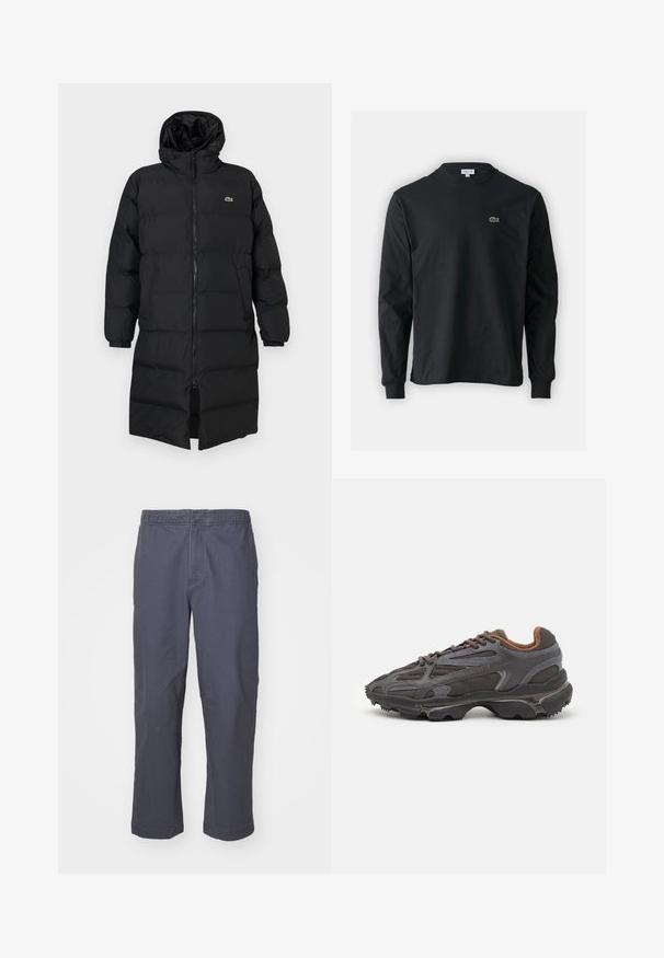 Svart dunjakke med hette, med hel glidelås, lange ermer og knelengde. Myk, quiltet tekstur med logodetalj.; Svart langermet T-skjorte laget av bomull, med rund hals og en liten grønn brodert krokodillelogo på venstre bryst.; Mørkegrå bukser med elastisk linning, rett snitt og to sidelommer. Laget av lett stoff med en jevn tekstur.; Lacoste-sneakers i mørkegrått med mesh- og syntetisk materiale, med en teksturert såle og brune detaljer på kragen og merket.