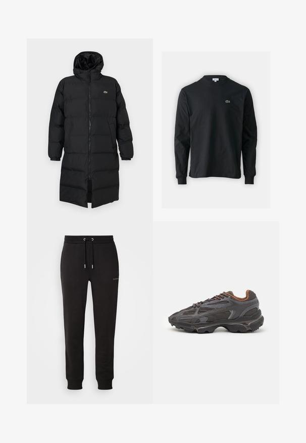 Svart puffjacka med huva, med full dragkedja, långa ärmar och knälång design. Mjuk, vadderad textur med logotypdetalj.; Svart långärmad t-shirt i bomull, med rund halsringning och en liten grön broderad krokodil-logotyp på vänster bröst.; Svarta bomullssweatpants har en elastisk midja med snörning, sidofickor och ribbade mudd, designade för komfort och funktionalitet.; Lacoste-sneakers i mörkgrått med nät och syntetmaterial, med en strukturerad sula och bruna detaljer på kragen och varumärket.