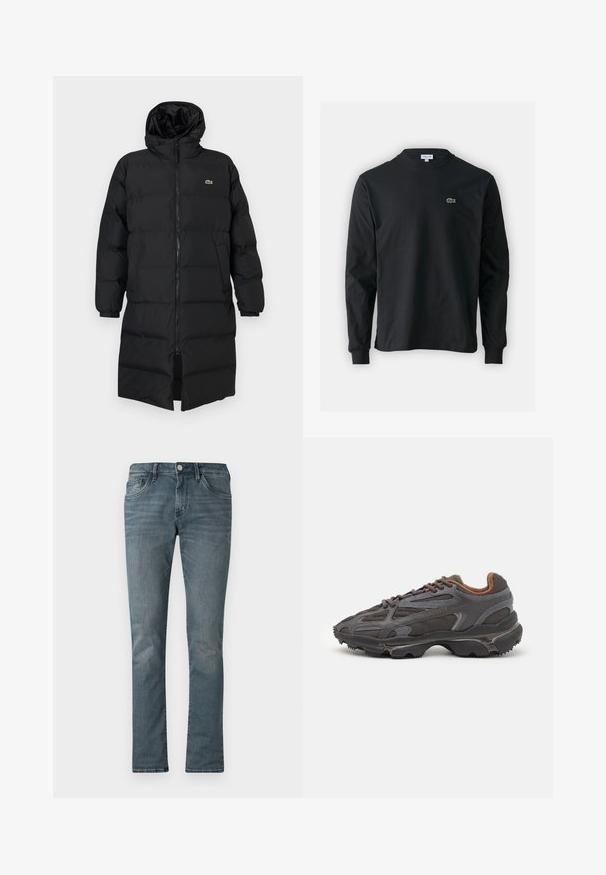 Must pufjakker, mille kapuutsiga, täispika tõmblukuga, pikkade varrukatega ja põlve pikkuses. Pehme, tikitud tekstuur, logodetailiga.; Must musta särk pikad varrukad, valmistatud puuvillast, ümar kaelus ja vasakul rinnal väike rohelise värvi tikandiga krokodillilogoga.; Meeste sinised denimid, kitsas lõige, viie taskuga, nupuga kinnitamine ja õrn fade efekt.; Tumed hallid Lacoste tossud, mis on valmistatud võrkkangast ja sünteetilisest materjalist, omavad tekstureeritud talla ning pruune aktsente kaeluse ja brändingu juures.