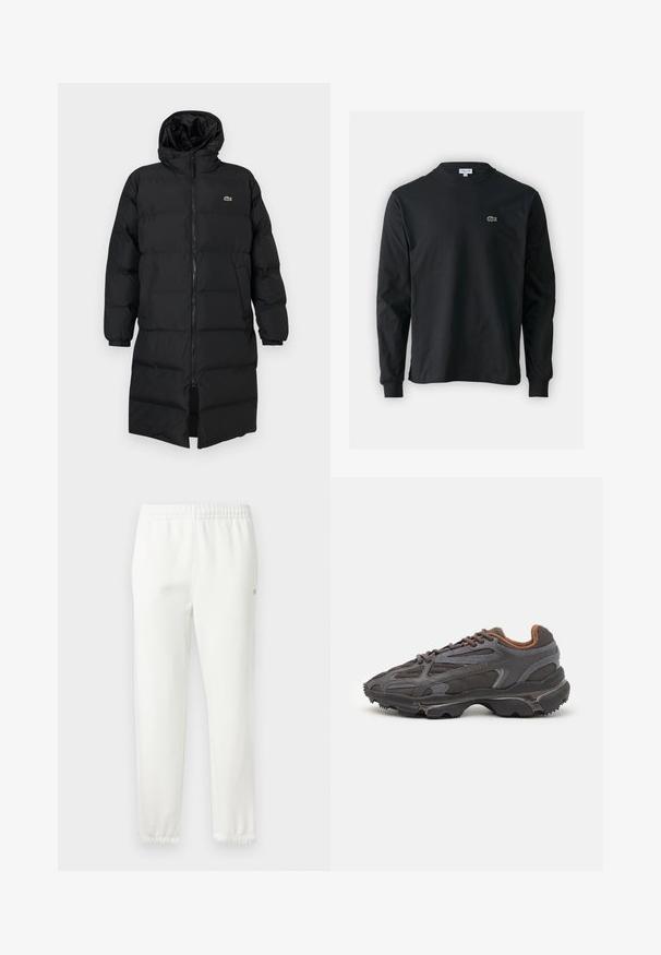 Svart dunjakke med hette, med hel glidelås, lange ermer og knelengde. Myk, quiltet tekstur med logodetalj.; Svart langermet T-skjorte laget av bomull, med rund hals og en liten grønn brodert krokodillelogo på venstre bryst.; Hvite bomullssweatpants med elastisk midje og innsnørte ben. Har en liten logo detalj på siden. Myk tekstur, minimalistisk design.; Lacoste-sneakers i mørkegrått med mesh- og syntetisk materiale, med en teksturert såle og brune detaljer på kragen og merket.