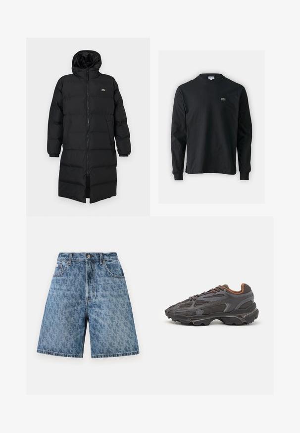 Casaco puffer preto com capuz, apresentando um fecho de correr completo, mangas longas e um design até ao joelho. Textura suave e acolchoada com detalhe do logotipo.; Camisola preta de manga longa feita de algodão, com decote redondo e um pequeno logótipo de crocodilo bordado em verde no lado esquerdo do peito.; Calças de ganga curtas em azul claro com um discreto padrão de leopardo, apresentando uma cintura clássica, ilhós para o cinto e bolsos frontais.; Ténis Lacoste em cinza-escuro com material em malha e sintético, apresentando uma sola texturizada e detalhes castanhos na gola e na marca.