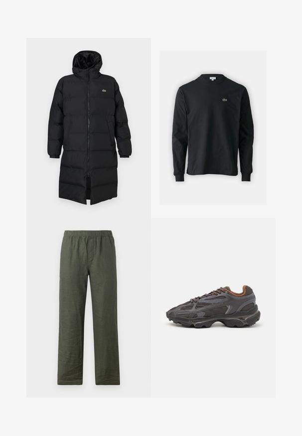 Juodas pūkinis paltas su kapišonu, su pilnu užtrauktuku, ilgomis rankovėmis ir iki kelių ilgio. Minkšta, siuvinėta tekstūra su logotipo detale.; Juodas ilgomis rankovėmis marškinėliai iš medvilnės, turintys apvalią iškirptę ir mažą žalią išsiuvinėtą krokodilo logotipą kairėje krūtinės pusėje.; Tamsiai žali lininiai kelnių su elastine juosta, tiesiais kojiniais, šiek tiek susigarbanojusia tekstūra. Nėra matomų metalinių detalių ar raštų.; Lacoste sportbačiai tamsiai pilki, pagaminti iš tinklinės ir sintetinių medžiagų, su tekstūruotu padu ir rudomis detalėmis ant apykaklės bei prekės ženklo.