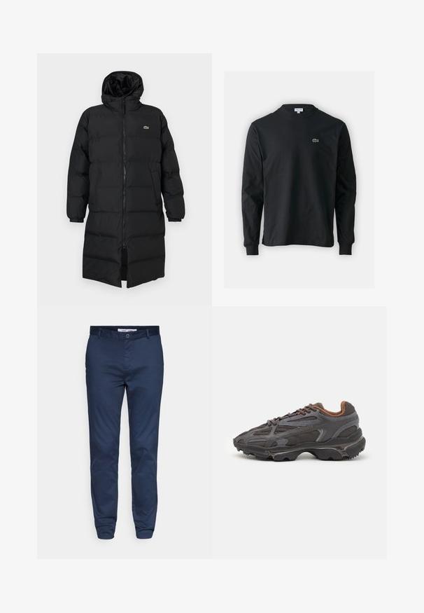 Crni zimski kaput s kapuljačom, s punim zatvaračem, dugim rukavima i dužinom do koljena. Mekana, kviltana tekstura s logom.; Crna majica dugih rukava od pamuka, s okruglim izrezom i malim zelenim izvezenim logotipom krokodila s lijeve strane prsnog dijela.; Mornarsko plave chinos hlače napravljene od glatke pamučne tkanine, s kopčanjem na dugme, bočnim džepovima i uskim, suženim krojem.; Lacoste tenisice u tamno sivoj boji s mrežastim i sintetičkim materijalom, s teksturiranom potplatom i smešnim akcentima na ovratniku i brandiranju.