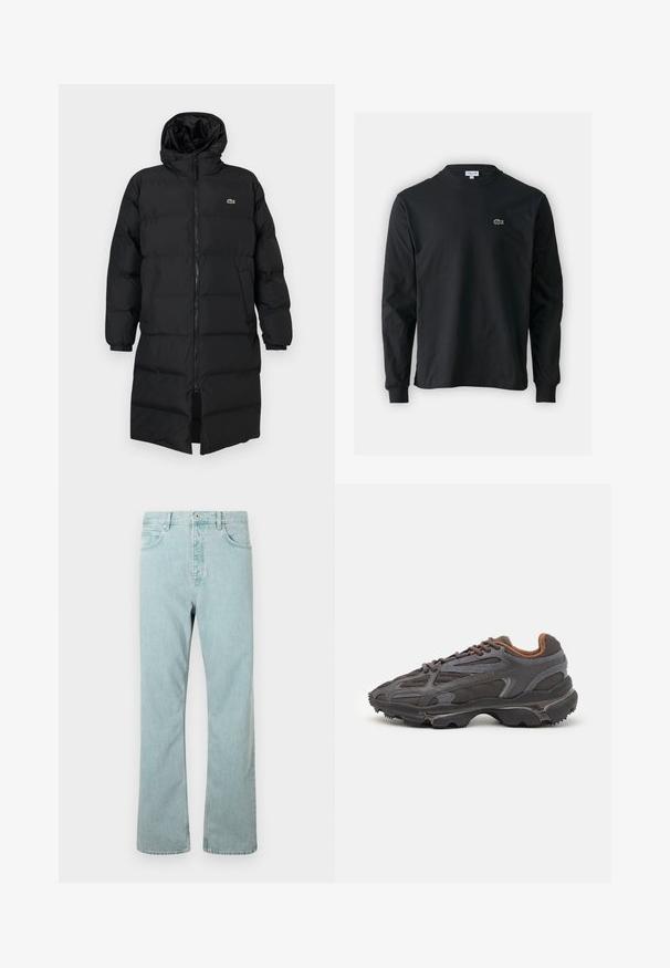 Piumino nero con cappuccio, caratterizzato da una zip completa, maniche lunghe e un design fino al ginocchio. Texture morbida e trapuntata con dettaglio del logo.; T-shirt a maniche lunghe nera in cotone, con scollatura rotonda e un piccolo logo di coccodrillo ricamato in verde sul lato sinistro del petto.; Jeans in denim azzurro chiaro con taglio dritto, cinque tasche e chiusura con un singolo bottone. Rifiniti con dettagli di cucitura sottili.; Sneaker Lacoste grigie scure in materiale mesh e sintetico, con suola testurizzata e dettagli marroni sul colletto e sul branding.