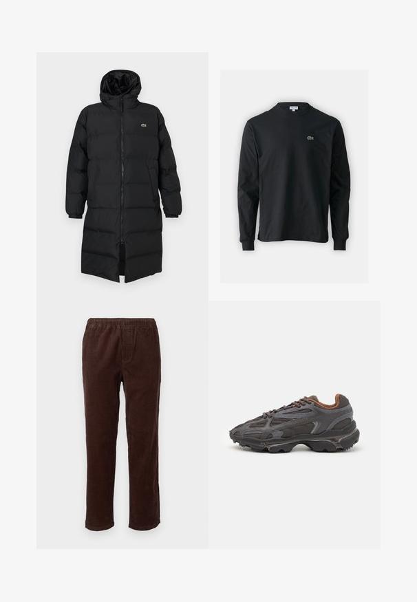 Černá péřová bunda s kapucí, s plným zipem, dlouhými rukávy a délkou po kolena. Měkká prošívaná textura s detailem loga.; Černé dlouhé rukávy triko vyrobené z bavlny, s kulatým výstřihem a malým zeleným vyšitým logem krokodýla na levé hrudi.; Hnědé kordové kalhoty s volným střihem, které mají elastický pás a vertikální žebrovanou texturu. Rovný střih nohavic, bez kapes.; Sněrovací boty Lacoste v tmavě šedé barvě s síťovinou a syntetickým materiálem, prezentující texturovanou podrážku a hnědé detaily na límci a logu.