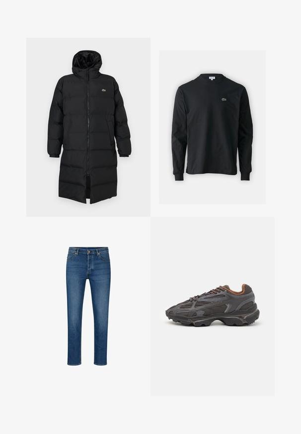 Černá péřová bunda s kapucí, s plným zipem, dlouhými rukávy a délkou po kolena. Měkká prošívaná textura s detailem loga.; Černé dlouhé rukávy triko vyrobené z bavlny, s kulatým výstřihem a malým zeleným vyšitým logem krokodýla na levé hrudi.; Modré džíny z denimu s rovnými nohavicemi, disponující pěti kapsami, poutky na opasek a zapínáním na knoflík. Světle prošoupané a kontrastní švy.; Sněrovací boty Lacoste v tmavě šedé barvě s síťovinou a syntetickým materiálem, prezentující texturovanou podrážku a hnědé detaily na límci a logu.
