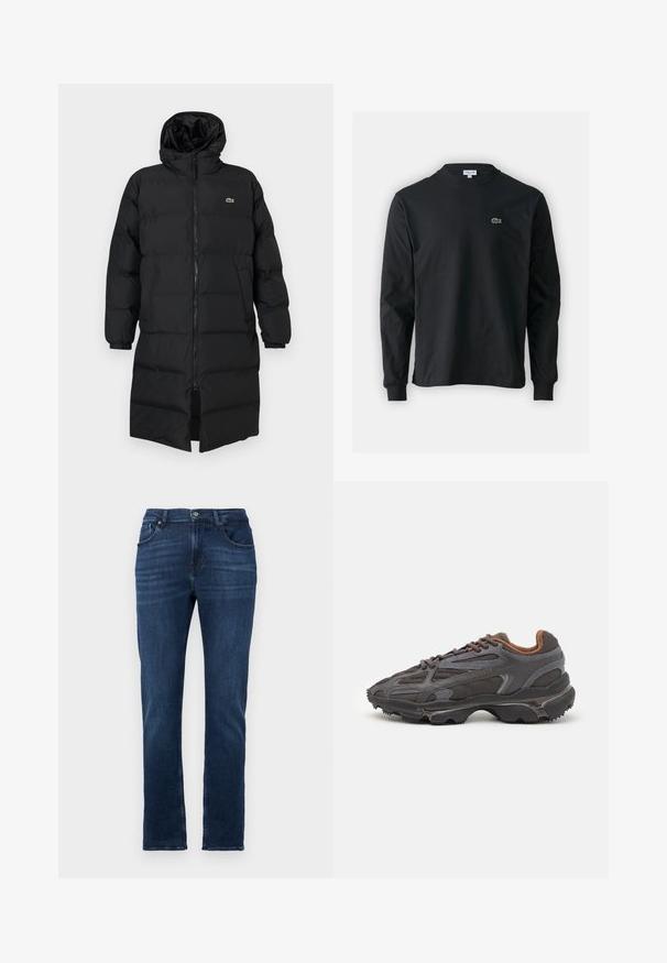 Black puffer coat with a hood, featuring a full zipper, long sleeves, and a knee-length design. Soft, quilted texture with logo detail.; Black long-sleeve t-shirt made of cotton, featuring a round neckline and a small green embroidered crocodile logo on the left chest.; Dark blue jeans made of denim with a straight leg design, five pockets, and a button closure. Even texture with subtle fade details.; Lacoste sneakers in dark gray with mesh and synthetic material, featuring a textured sole and brown accents on the collar and branding.