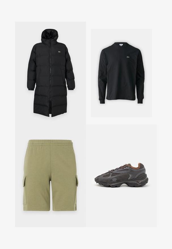 Čierna prešívaná bunda s kapucňou, vybavená plným zipsom, dlhými rukávmi a dĺžkou po kolená. Mäkká, prešívaná textúra s detailom loga.; Čierne tričko s dlhým rukávom vyrobené z bavlny, s okrúhlym výstrihom a malým zeleným vyšívaným logom krokodíla na ľavej hrudi.; Zelené bavlnené šortky s elastickým pásom, ktoré majú dve bočné cargo vrecká a hladkú textúru.; Lacoste tenisky v tmavo sivej farbe z nylonu a syntetického materiálu, s textúrovanou podrážkou a hnedými akcentami na golieri a brandingu.