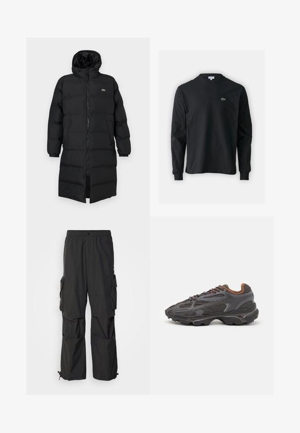 Černá péřová bunda s kapucí, s plným zipem, dlouhými rukávy a délkou po kolena. Měkká prošívaná textura s detailem loga.; Černé dlouhé rukávy triko vyrobené z bavlny, s kulatým výstřihem a malým zeleným vyšitým logem krokodýla na levé hrudi.; Černé cargo kalhoty vyrobené z lehkého materiálu, které mají několik bočních kapes a nastavitelné manžety. Elastický pas pro pohodlí.; Sněrovací boty Lacoste v tmavě šedé barvě s síťovinou a syntetickým materiálem, prezentující texturovanou podrážku a hnědé detaily na límci a logu.