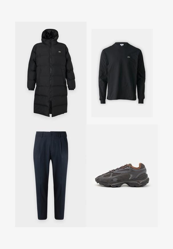 Zwarte pufferjas met een kap, voorzien van een volledige ritssluiting, lange mouwen en een lengte tot de knie. Zachte, gewatteerde textuur met logo-detail.; Zwarte longsleeve t-shirt van katoen, met een ronde halslijn en een klein groen geborduurd krokodillenlogo op de linkerborst.; Marineblauwe broek met rechte snit, voorzien van een knoopsluiting, plooien aan de voorkant en een elastische tailleband voor comfort. Glad van textuur.; Lacoste sneakers in donkergrijs van mesh en synthetisch materiaal, met een gestructureerde zool en bruine accenten op de kraag en branding.