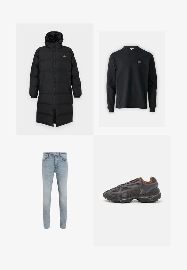 Abrigo acolchado negro con capucha, que presenta un cierre completo, mangas largas y un diseño hasta la rodilla. Textura suave y acolchada con detalle de logo.; Camiseta de manga larga negra de algodón, con escote redondo y un pequeño logo de cocodrilo bordado en verde en el lado izquierdo del pecho.; Jeans de mezclilla azul claro, ajustados, de talle medio, diseño de cinco bolsillos, cremallera con cierre de botón y sutil textura desteñida en todo su recorrido.; Zapatillas Lacoste en gris oscuro con material de malla y sintético, que cuentan con una suela texturizada y detalles en marrón en el cuello y la marca.