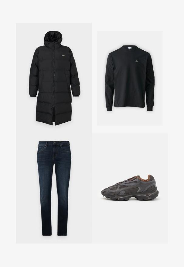 Črni napihnjen plašč s kapuco, ki ima poln zadrgo, dolge rokave in dolžino do kolen. Mehka, quilted tekstura z logotipom.; Črna dolgi rokavi majica iz bombaža, z okroglim ovratnikom in majhnim zelenim vezenim logotipom krokodila na levem prsnem delu.; Temno modri kavbojki iz denima. Slim fit oblika z petimi žepi, diskretno šivanje in gumbom za zapiranje v pasu. Gladka tekstura.; Lacoste teniske v temno sivi barvi z mrežasto in sintetično prevleko, s teksturiranim podplatom in rjavimi detajli na ovratniku ter blagovni znamki.