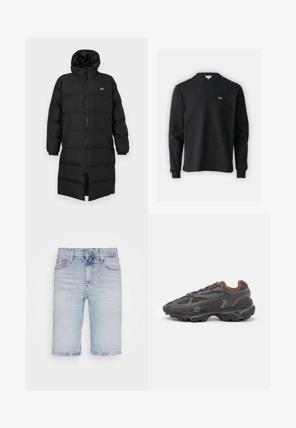 Abrigo acolchado negro con capucha, que presenta un cierre completo, mangas largas y un diseño hasta la rodilla. Textura suave y acolchada con detalle de logo.; Camiseta de manga larga negra de algodón, con escote redondo y un pequeño logo de cocodrilo bordado en verde en el lado izquierdo del pecho.; Pantalones cortos de mezclilla azul claro con corte recto. Presenta cinco bolsillos, cierre de botón y detalles desgastados a lo largo del dobladillo.; Zapatillas Lacoste en gris oscuro con material de malla y sintético, que cuentan con una suela texturizada y detalles en marrón en el cuello y la marca.
