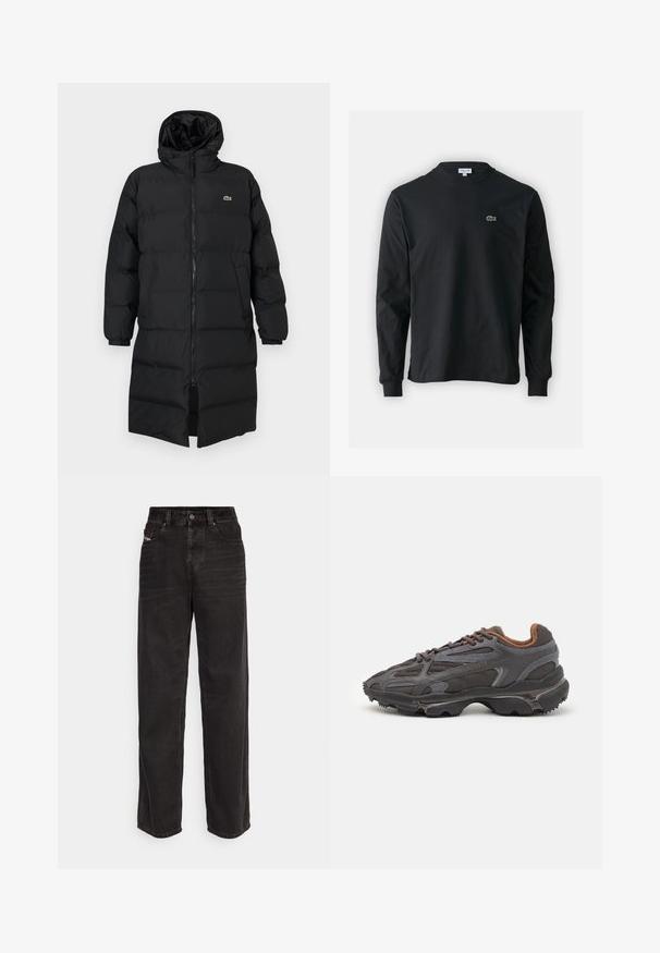 Manteau en duvet noir avec capuche, doté d'une fermeture éclair intégrale, de manches longues et d'un design long jusqu'aux genoux. Texture douce matelassée avec un détail de logo.; T-shirt noir à manches longues en coton, avec un col rond et un petit logo de crocodile brodé vert sur la poitrine gauche.; Pantalons en denim noir à jambes larges avec taille haute, fermeture à bouton à l'avant, deux poches latérales et détails de coutures subtils.; Baskets Lacoste en gris foncé, en matériau mesh et synthétique, avec une semelle texturée et des accents marron sur le col et le branding.