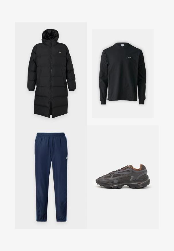 Black puffer coat with a hood, featuring a full zipper, long sleeves, and a knee-length design. Soft, quilted texture with logo detail.; Black long-sleeve t-shirt made of cotton, featuring a round neckline and a small green embroidered crocodile logo on the left chest.; Navy blue sports pants with an elastic waistband, tapered legs, and light blue accents along the sides; made from a lightweight, smooth material.; Lacoste sneakers in dark gray with mesh and synthetic material, featuring a textured sole and brown accents on the collar and branding.