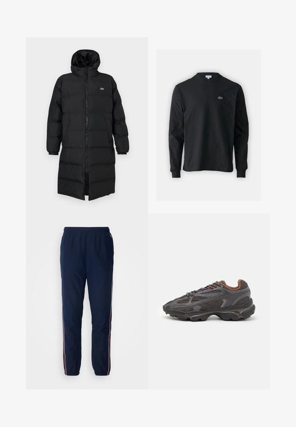 Črni napihnjen plašč s kapuco, ki ima poln zadrgo, dolge rokave in dolžino do kolen. Mehka, quilted tekstura z logotipom.; Črna dolgi rokavi majica iz bombaža, z okroglim ovratnikom in majhnim zelenim vezenim logotipom krokodila na levem prsnem delu.; Temno modre hlače za vetrovke z elastičnim pasom in manšetami. Imajo bele in maroon stranske črte. Gladek, lahek material.; Lacoste teniske v temno sivi barvi z mrežasto in sintetično prevleko, s teksturiranim podplatom in rjavimi detajli na ovratniku ter blagovni znamki.