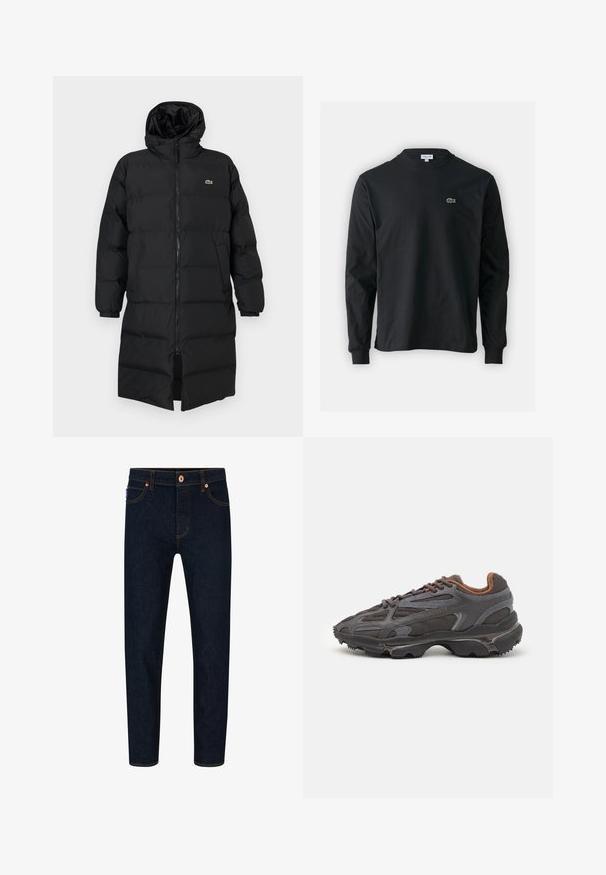 Geacă puffer neagră cu glugă, dotată cu fermoar complet, mâneci lungi și un design până la genunchi. Textură moale, matlasată, cu detalii ale logo-ului.; Tricou negru cu mânecă lungă, realizat din bumbac, cu un guler rotund și un mic logo brodat cu un crocodil verde pe partea stângă a pieptului.; Jeans din denim de culoare albastru închis, cu o croială slim, cusături contrastante de culoare portocalie și un sistem de închidere clasic cu buton. Dispune de buzunare frontale și picioare înguste.; Adidași Lacoste de culoare gri închis, din material mesh și sintetic, cu o talpă texturată și accente maronii pe guler și branding.