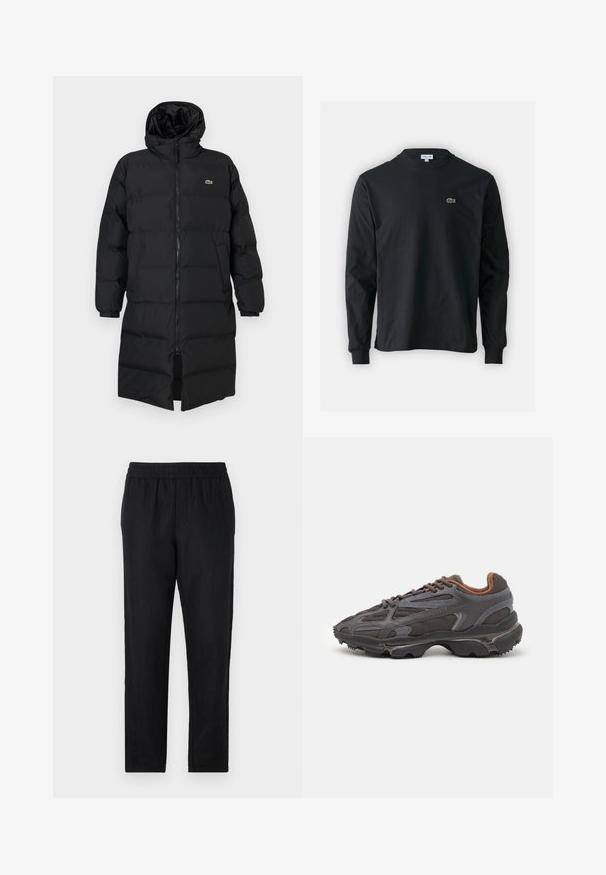 Černá péřová bunda s kapucí, s plným zipem, dlouhými rukávy a délkou po kolena. Měkká prošívaná textura s detailem loga.; Černé dlouhé rukávy triko vyrobené z bavlny, s kulatým výstřihem a malým zeleným vyšitým logem krokodýla na levé hrudi.; Černé, lehké kalhoty s elastickým pasem, rovnými nohavicemi a hladkým povrchem. Obsahují dvě boční kapsy pro praktičnost.; Sněrovací boty Lacoste v tmavě šedé barvě s síťovinou a syntetickým materiálem, prezentující texturovanou podrážku a hnědé detaily na límci a logu.