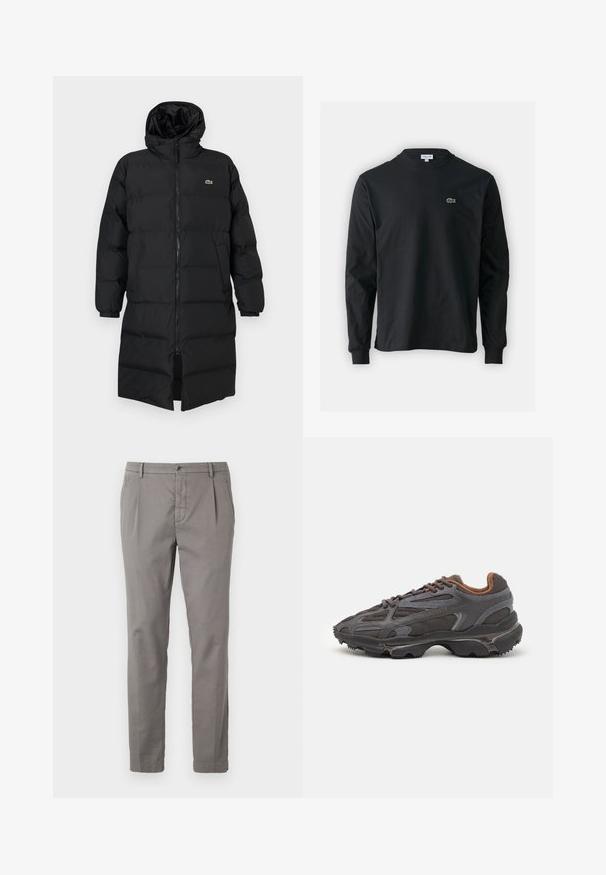 Casaco puffer preto com capuz, apresentando um fecho de correr completo, mangas longas e um design até ao joelho. Textura suave e acolchoada com detalhe do logotipo.; Camisola preta de manga longa feita de algodão, com decote redondo e um pequeno logótipo de crocodilo bordado em verde no lado esquerdo do peito.; Calças de algodão cinzentas com um design de perna reta, apresentando um fecho de botão, pregas e bolsos laterais. Textura suave com detalhes mínimos.; Ténis Lacoste em cinza-escuro com material em malha e sintético, apresentando uma sola texturizada e detalhes castanhos na gola e na marca.