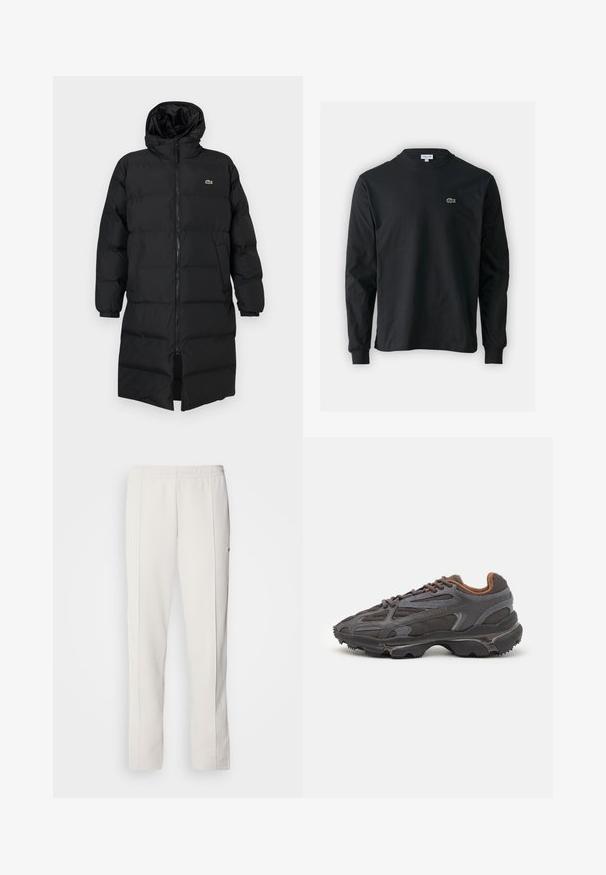 Čierna prešívaná bunda s kapucňou, vybavená plným zipsom, dlhými rukávmi a dĺžkou po kolená. Mäkká, prešívaná textúra s detailom loga.; Čierne tričko s dlhým rukávom vyrobené z bavlny, s okrúhlym výstrihom a malým zeleným vyšívaným logom krokodíla na ľavej hrudi.; Lacoste Tepláky - hammam; Lacoste tenisky v tmavo sivej farbe z nylonu a syntetického materiálu, s textúrovanou podrážkou a hnedými akcentami na golieri a brandingu.
