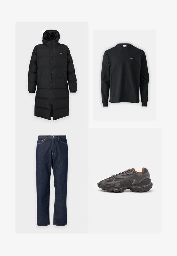 Crni zimski kaput s kapuljačom, s punim zatvaračem, dugim rukavima i dužinom do koljena. Mekana, kviltana tekstura s logom.; Crna majica dugih rukava od pamuka, s okruglim izrezom i malim zelenim izvezenim logotipom krokodila s lijeve strane prsnog dijela.; Tamno plave traperice s ravnim krojem. Imaju zatvaranje na dugme i patentni zatvarač, pet džepova i detalje s kontrastnim šavovima.; Lacoste tenisice u tamno sivoj boji s mrežastim i sintetičkim materijalom, s teksturiranom potplatom i smešnim akcentima na ovratniku i brandiranju.