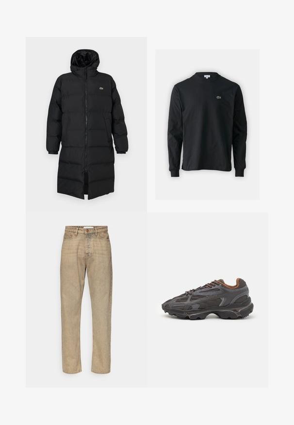 Mustahomeinen musta untuvatakki hupulla, jossa on täysipitkä vetoketju, pitkät hihat ja polvenpituinen malli. Pehmeä, tikkikuvioitu pinta logotiedolla.; Musta pitkähiha t-paita, joka on valmistettu puuvillasta. Paita on varustettu pyöreällä kaula-aukolla ja vasemmassa rinnassa on pieni vihreä brodeerattu krokotiililogo.; Beige farkut suoran lahkeen muotoilulla, jossa on nappisulku, viisi taskua ja hienovarainen kulutustekstuuri kauttaaltaan.; Lacoste-tennar i mörkgrått med nät- och syntetmaterial, med en texturerad sula och bruna accenter på kragen och märket.