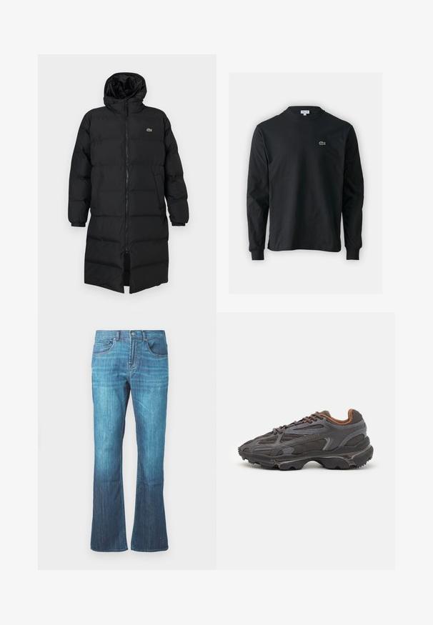 Juodas pūkinis paltas su kapišonu, su pilnu užtrauktuku, ilgomis rankovėmis ir iki kelių ilgio. Minkšta, siuvinėta tekstūra su logotipo detale.; Juodas ilgomis rankovėmis marškinėliai iš medvilnės, turintys apvalią iškirptę ir mažą žalią išsiuvinėtą krokodilo logotipą kairėje krūtinės pusėje.; Vidutinio mėlynumo skalbti džinsai su nedideliu išplatėjimu apačioje, klasikinio penkių kišenių dizainas ir priekyje esantis mygtuko bei užtrauktuko uždarymas.; Lacoste sportbačiai tamsiai pilki, pagaminti iš tinklinės ir sintetinių medžiagų, su tekstūruotu padu ir rudomis detalėmis ant apykaklės bei prekės ženklo.