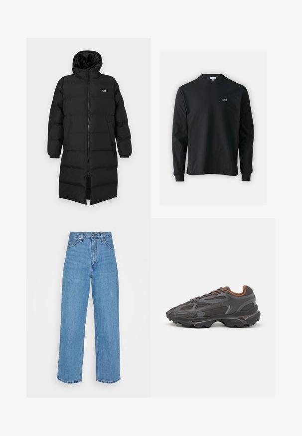 Svart dunjakke med hette, med hel glidelås, lange ermer og knelengde. Myk, quiltet tekstur med logodetalj.; Svart langermet T-skjorte laget av bomull, med rund hals og en liten grønn brodert krokodillelogo på venstre bryst.; Lys blå denimjeans med høy liv og vidde passform. Funksjoner inkluderer fem lommer, metallknapplukking og rett kant.; Lacoste-sneakers i mørkegrått med mesh- og syntetisk materiale, med en teksturert såle og brune detaljer på kragen og merket.