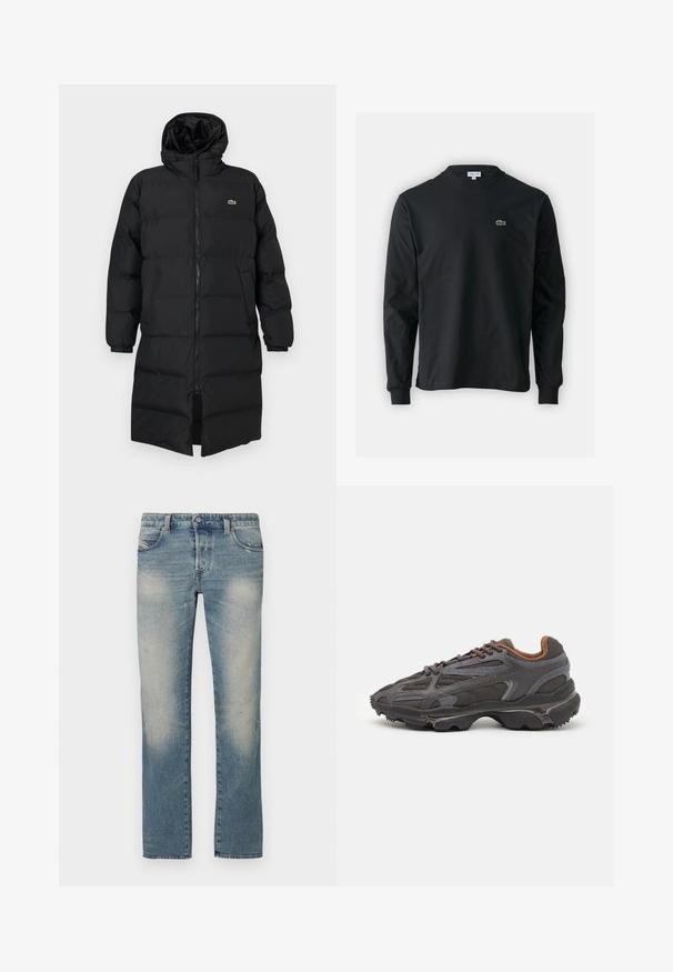 Juodas pūkinis paltas su kapišonu, su pilnu užtrauktuku, ilgomis rankovėmis ir iki kelių ilgio. Minkšta, siuvinėta tekstūra su logotipo detale.; Juodas ilgomis rankovėmis marškinėliai iš medvilnės, turintys apvalią iškirptę ir mažą žalią išsiuvinėtą krokodilo logotipą kairėje krūtinės pusėje.; Šviesiai mėlynos spalvos tiesaus silueto džinsai iš džinso audinio su išblukusiomis vietomis, penkiomis kišenėmis ir sagos užsegimu. Audinys turi nežymių dėvėjimosi požymių ir šiek tiek pažeistą išvaizdą.; Lacoste sportbačiai tamsiai pilki, pagaminti iš tinklinės ir sintetinių medžiagų, su tekstūruotu padu ir rudomis detalėmis ant apykaklės bei prekės ženklo.