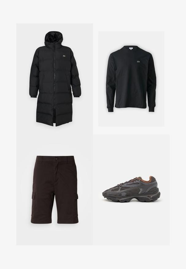 Mustahomeinen musta untuvatakki hupulla, jossa on täysipitkä vetoketju, pitkät hihat ja polvenpituinen malli. Pehmeä, tikkikuvioitu pinta logotiedolla.; Musta pitkähiha t-paita, joka on valmistettu puuvillasta. Paita on varustettu pyöreällä kaula-aukolla ja vasemmassa rinnassa on pieni vihreä brodeerattu krokotiililogo.; Mustat cargo-shortsit, joissa on napillinen suljenta, sivutaskut ja suora leikkaus. Valmistettu kestävästä kankaasta, joka on sileä tekstuuriltaan.; Lacoste-tennar i mörkgrått med nät- och syntetmaterial, med en texturerad sula och bruna accenter på kragen och märket.