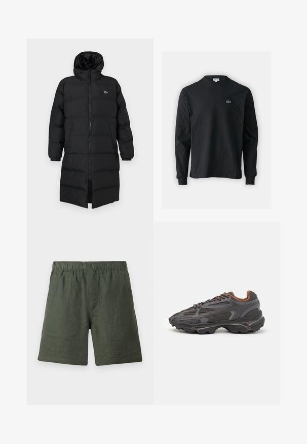 Piumino nero con cappuccio, caratterizzato da una zip completa, maniche lunghe e un design fino al ginocchio. Texture morbida e trapuntata con dettaglio del logo.; T-shirt a maniche lunghe nera in cotone, con scollatura rotonda e un piccolo logo di coccodrillo ricamato in verde sul lato sinistro del petto.; Pantaloni corti verdi in lino con una cintura elastica, taglio dritto e una texture liscia, caratterizzati da cuciture semplici senza ulteriori decorazioni.; Sneaker Lacoste grigie scure in materiale mesh e sintetico, con suola testurizzata e dettagli marroni sul colletto e sul branding.