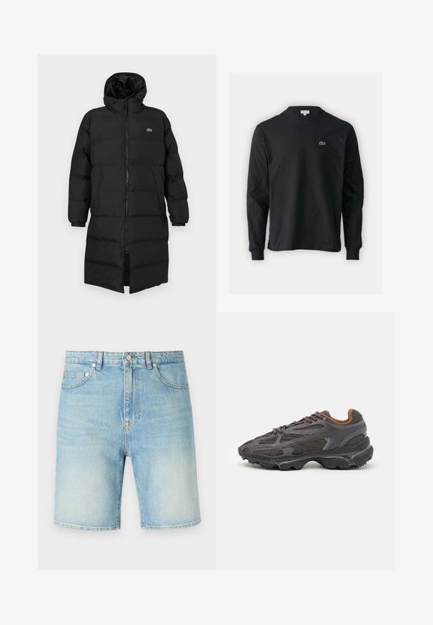Abrigo acolchado negro con capucha, que presenta un cierre completo, mangas largas y un diseño hasta la rodilla. Textura suave y acolchada con detalle de logo.; Camiseta de manga larga negra de algodón, con escote redondo y un pequeño logo de cocodrilo bordado en verde en el lado izquierdo del pecho.; Shorts de mezclilla azul claro con un diseño clásico de cinco bolsillos, cierre de botón y una textura ligeramente desgastada en la tela.; Zapatillas Lacoste en gris oscuro con material de malla y sintético, que cuentan con una suela texturizada y detalles en marrón en el cuello y la marca.