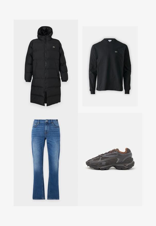 Abrigo acolchado negro con capucha, que presenta un cierre completo, mangas largas y un diseño hasta la rodilla. Textura suave y acolchada con detalle de logo.; Camiseta de manga larga negra de algodón, con escote redondo y un pequeño logo de cocodrilo bordado en verde en el lado izquierdo del pecho.; Vaqueros acampanados de mezclilla en azul medio. Presentan un diseño de cinco bolsillos, detalles cosidos, un cierre de botón y una textura ligeramente desgastada en las piernas.; Zapatillas Lacoste en gris oscuro con material de malla y sintético, que cuentan con una suela texturizada y detalles en marrón en el cuello y la marca.