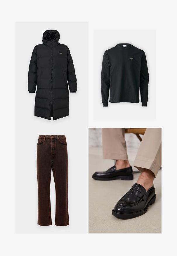 Abrigo acolchado negro con capucha, que presenta un cierre completo, mangas largas y un diseño hasta la rodilla. Textura suave y acolchada con detalle de logo.; Camiseta de manga larga negra de algodón, con escote redondo y un pequeño logo de cocodrilo bordado en verde en el lado izquierdo del pecho.; Jeans de denim marrón con corte recto, diseño de cinco bolsillos y cierre clásico de botón. La tela tiene un acabado liso y texturizado.; Mocasines de cuero negro con un acabado suave, que cuentan con una correa decorativa y costuras en contraste, combinados con pantalones beiges.