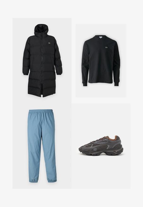 Zwarte pufferjas met een kap, voorzien van een volledige ritssluiting, lange mouwen en een lengte tot de knie. Zachte, gewatteerde textuur met logo-detail.; Zwarte longsleeve t-shirt van katoen, met een ronde halslijn en een klein groen geborduurd krokodillenlogo op de linkerborst.; Blauwe, lichte broek met een elastische tailleband, taps toelopende pijpen en elastische zijkanten; heeft een klein logo aan de zijkant. Glad, waterbestendig materiaal.; Lacoste sneakers in donkergrijs van mesh en synthetisch materiaal, met een gestructureerde zool en bruine accenten op de kraag en branding.