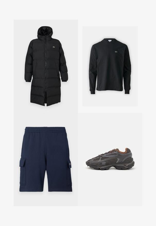 Čierna prešívaná bunda s kapucňou, vybavená plným zipsom, dlhými rukávmi a dĺžkou po kolená. Mäkká, prešívaná textúra s detailom loga.; Čierne tričko s dlhým rukávom vyrobené z bavlny, s okrúhlym výstrihom a malým zeleným vyšívaným logom krokodíla na ľavej hrudi.; Námornícky modré cargo šortky vyrobené z mäkkej látky, s elastickým pásom, dvoma bočnými vreckami a malým logom na ľavom vrecku.; Lacoste tenisky v tmavo sivej farbe z nylonu a syntetického materiálu, s textúrovanou podrážkou a hnedými akcentami na golieri a brandingu.